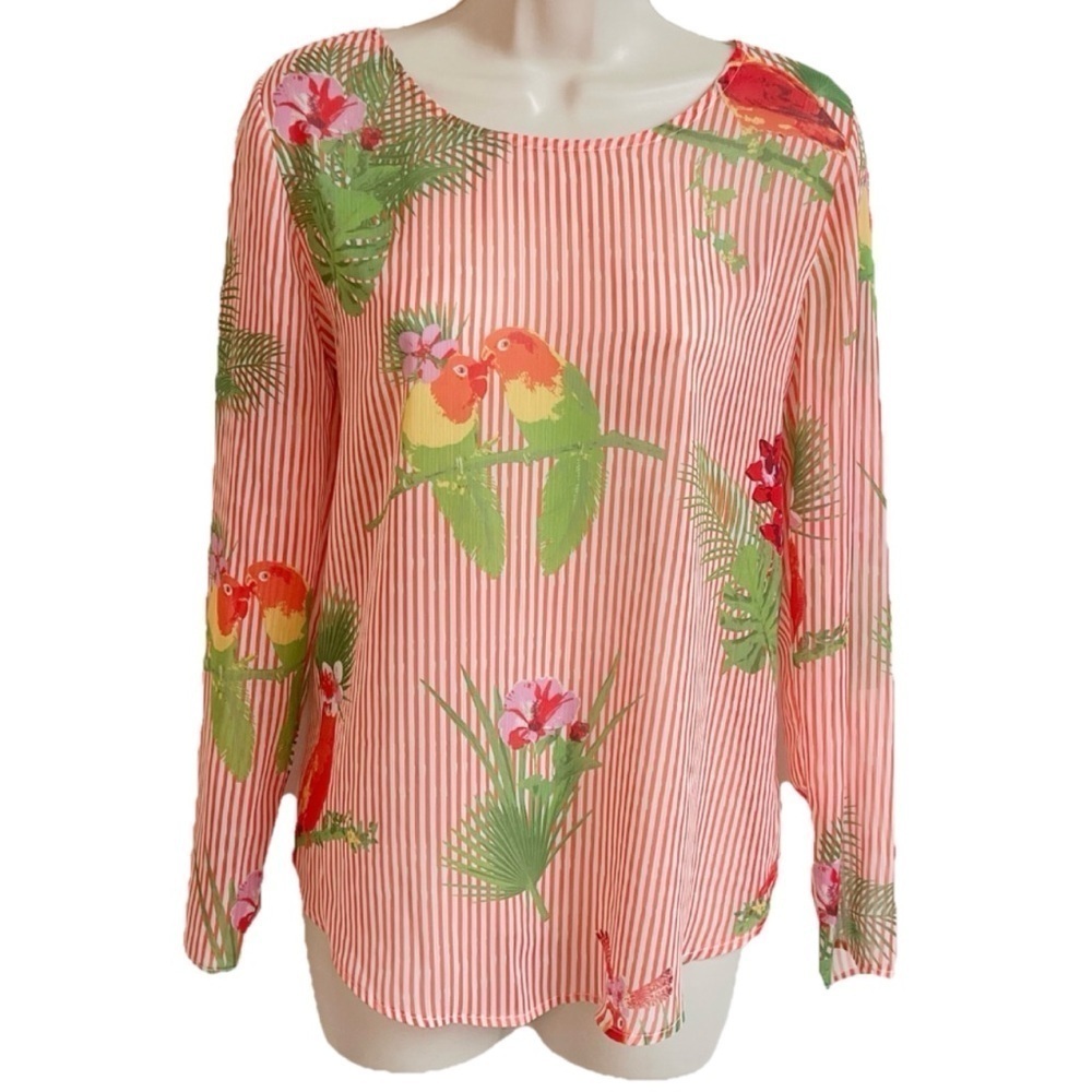 NEW Lemon Way Striped Tropical Lightweight Scoop Neck Long Sleeve Blouse Top XS